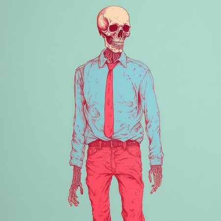 a skeleton, dressed in red pants and a tie, is depicted in this illustration. the style of the artwork is reminiscent of light turquoise, realist-portraits, and gadgetpunk. the image showcases subtle color harmonies and incorporates iconic pop culture references. this unique piece of art with its subtle use of color can be found on flickr. ai generatedの素材