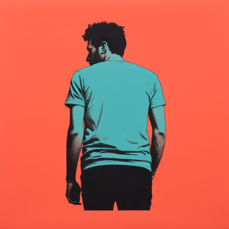 the artwork for thailand's "ghost in the machine" by michael jackson showcases a captivating blend of blue and orange hues. inspired by color field minimalism, the piece features a striking combination of light turquoise and dark red. with a realistic portrayal of light and shadow, the artwork captures pensive poses. created using the silkscreen technique and kodak ektar, the artwork exudes a powerful and expressiveの素材
