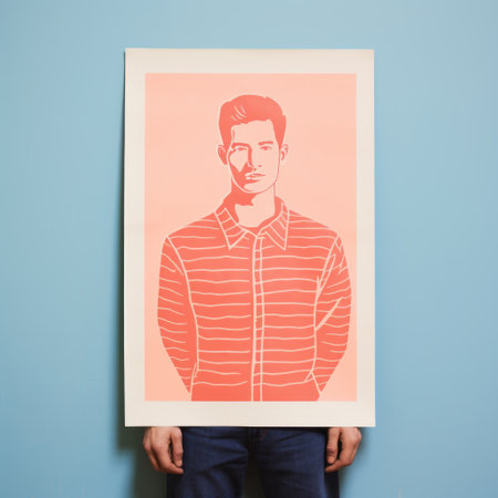 a man showcases a hand-printed t-shirt against a vibrant blue wall. the t-shirt features a realistic hyper-detailed portrait in the style of cody ellingham. the design incorporates light red and pink horizontal stripes, reminiscent of a lithograph. the portrait on the t-shirt bears a striking resemblance to pierce brosnan. ai generatedの素材