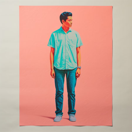 a young man, dressed in a white shirt, stands on a bed in a realistic hyper-detailed portrait style. the artwork showcases elements of indonesian art with its dark pink and light aquamarine color palette. the use of light orange and navy adds depth to the large-scale canvases, reflecting the precisionist and superflat style of the piece. ai generatedの素材