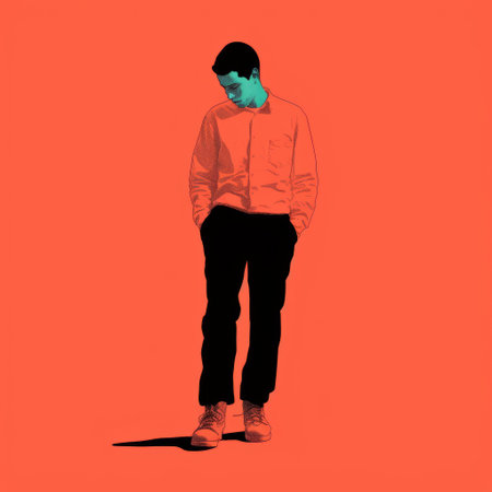 the new york times front cover showcases a conceptual portraiture with a man wearing blue jeans against an orange background. the style of the image is reminiscent of fashion illustration, with light cyan and crimson tones. the pensive expression on the man's face adds depth to the digitally enhanced, grainy composition, giving it a unique ratcore aesthetic. ai generatedの素材
