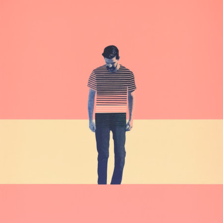 the cover of the song "daddy" features a man in the forefront, showcasing abstract minimalism in a combination of light orange and light navy colors. the image has been cross-processed, resulting in a unique visual effect. the design incorporates stripes and draws inspiration from artists such as dan matutina and dino valls, creating a hyperrealistic aesthetic. ai generatedの素材