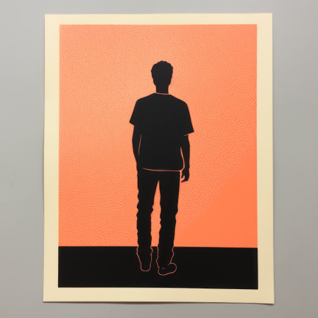 a tiny black man stands in front of a glowing orange wall, creating a striking contrast. the artwork is done in the style of silkscreen, with ultra-detailed elements in light red and dark black. the high-angle perspective adds depth to the composition. this piece reflects the influence of the vancouver school, with its limited color range and flat, graphic forms. ai generatedの素材