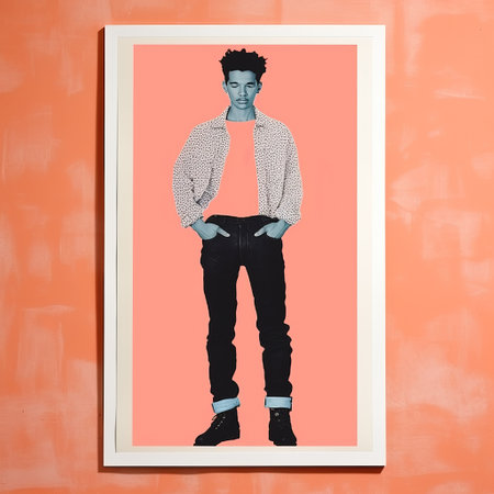a print featuring a young man wearing jeans and black shoes, inspired by the neon pop style of brooke didonato. the artwork showcases a vibrant combination of light red and cyan colors, with a distinct framing that adds a post-punk diy feel. the composition is influenced by the balanced proportions seen in the works of lorser feitelson. ai generatedの素材