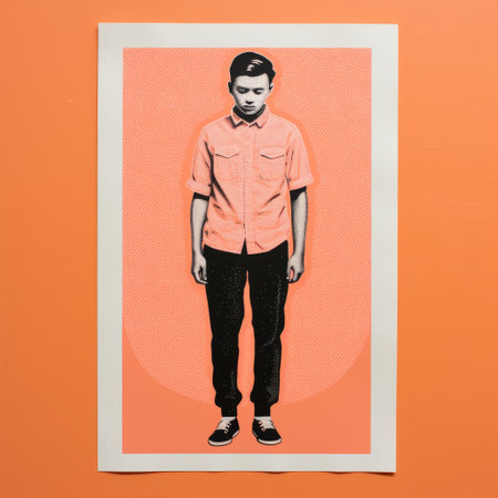 the artist stands against a vibrant pink backdrop, showcasing their highly detailed illustrations in a captivating blend of dark orange and light gray. the artwork exudes a realistic quality, enhanced by the meticulous darkroom printing technique. the artist's full body is illuminated, revealing their handsome features and the intricate detailing of their work. ai generatedの素材