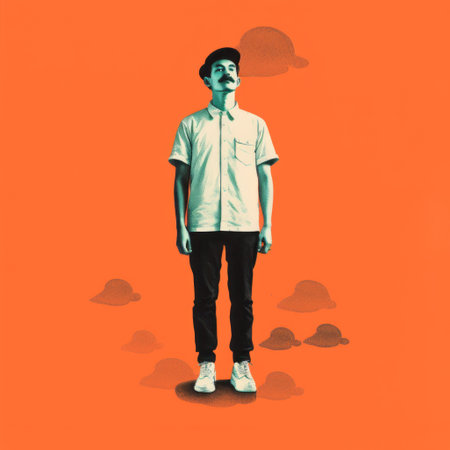 a man stands on top of the clouds, surrounded by vibrant orange hues. this surreal image captures the essence of emotive character studies and illusory wallpaper portraits. the combination of kombuchapunk, hatching, bone, and graphic design-esque elements creates a visually striking and dappled effect. ai generatedの素材