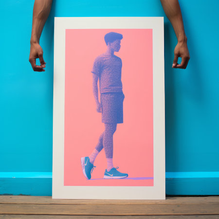 art print for nike by steve daniels featuring nike stan smith t-shirt sneakers x 2 xl posters. the photo, taken with a nikon d750, showcases a presentation of the human form in a bold and figurative style. inspired by the east village art scene, the print features sky-blue and pink colors, with monochromatic portraits created through silkscreening. ai generatedの素材