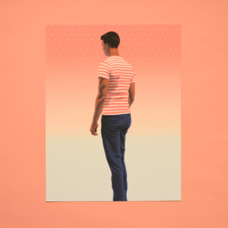 the photo showcases a minimalist illustrator's creation, featuring realistic human figures in a striped composition. the hyper-realistic pop of light pink and orange adds vibrancy to the artwork. the photo's focus is on the intricate details, with a photo-realistic quality that captivates the viewer. ai generatedの素材