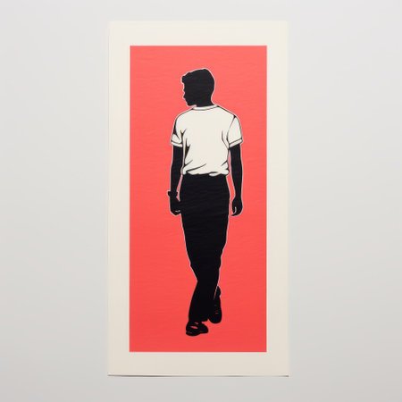 a photo of "ohloh boy" by jonathan sexsmith, featuring a colored pencil and oil on canvas artwork. the style is reminiscent of light red and black, with cut-out silhouettes and elements of screen printing. the piece draws inspiration from the works of bill brauer, showcasing a sleek composition with a limited color range. ai generatedの素材