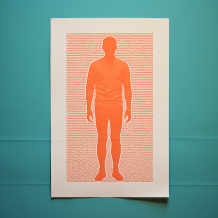an orange silhouette person print showcasing orderly symmetry and a poolcore theme. the artwork is created with a fine attention to anatomy and features a gigantic scale. the lith printing technique enhances the linear simplicity of the design, making it perfect for ad posters. ai generatedの素材