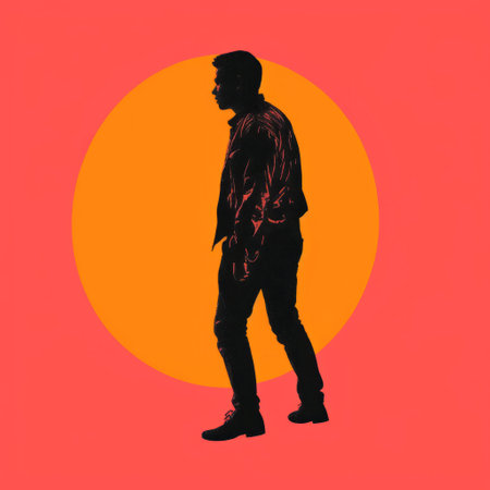 a silhouette of a guy walking into the sunset on a yellow background. this hyper-realistic pop style portrait features elements of starpunk, with dark orange and pink hues. the studio portrait showcases a fashion-illustration aesthetic, incorporating chiaroscuro portraitures. the subject is a handsome individual. ai generatedの素材