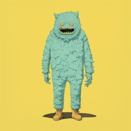 a little bear is depicted in this blue monster illustration by jaa thun. the artwork showcases a satirical tone with monumental figures set against gritty urban scenes. the style features a combination of dark yellow and light cyan, creating a saturated color field. the illustration also includes spiky mounds, adding an interesting visual element. ai generatedの素材