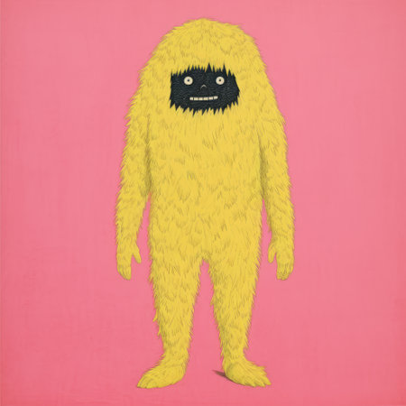 a yellow monster with a big head on top is depicted in this illustration. the artwork follows a figurative minimalism style, with dark pink and light black colors dominating the composition. this large-scale painting showcases the full body of the monster, featuring a furry texture and an uncanny valley realism. the artwork has elements of folknave aesthetics. ai generatedの素材