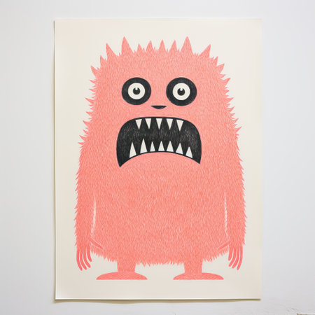 a pink monster with large teeth is depicted in this silkscreen-style illustration. inspired by the monochromatic minimalist portraits of group f64, the artwork features light orange hues and intricate crosshatching for a detailed effect. against a white background, the monster's vibrant colors and unique design create a captivating visual. ai generatedの素材