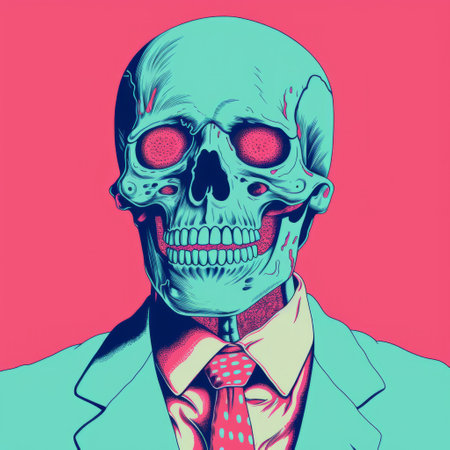a person in a suit and tie stands in front of a retro pop art-inspired skeleton. the portrait is hyper-detailed, with a mix of light cyan and crimson colors. the style incorporates elements of pseudo-infrared and zombiecore, creating an edgy political commentary through a realist portrait. ai generatedの素材