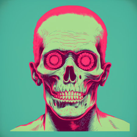 a bright green graphic skull head with circular eyes is depicted on a turquoise color background. this artwork, inspired by the styles of kurt wenner and butcher billy, showcases detailed character illustrations with a cyberpunk and horror-inspired twist. the use of infrared film adds an intriguing visual element to the composition. ai generatedの素材