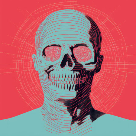 a man-shaped skull sits on a vibrant red background, featuring graphic design-inspired illustrations in light cyan and magenta. this photographically detailed portraiture showcases the influence of necronomicon illustrations, linear illustrations, and the artistic style of lasar segall. the layered portraits create a visually captivating and thought-provoking composition. ai generatedの素材