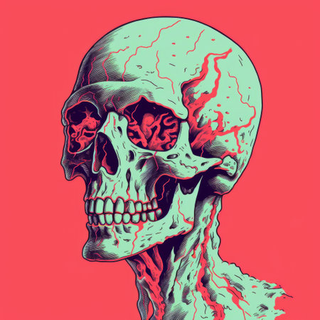 zombie skull from the pxltd, a light red and light emerald crisp neo-pop illustration. this hyper-detailed illustration showcases a distorted perspective with bold lithographic and infrared elements. the flat illustrations bring out the intricate details of the zombie skull. ai generatedの素材