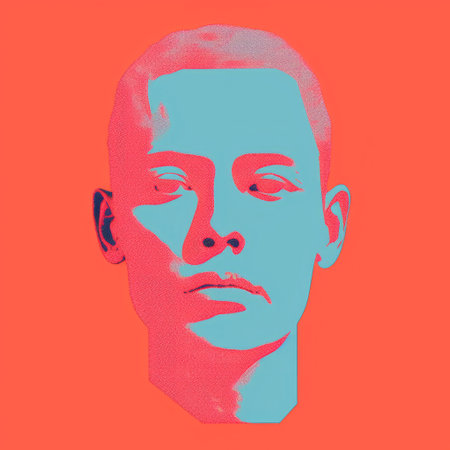 the photo features a man wearing a blue shirt with a blue and red face. the image is created in a pseudo-infrared style, with pop-inspired elements. the colors used are light red and light orange, giving it a vibrant look. the portrait showcases portraiture iconography and has a grainy texture. it also has a political illustration vibe, enhanced digitally. ai generatedの素材