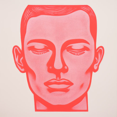 a man with closed eyes is depicted in this pop art silkscreening drawing. the style features light red and light pink tones, creating a feminine sculpture effect. the portrait is hyper-detailed and realistic, with bold stencil elements. the high resolution image captures the serene expression on the man's face. ai generatedの素材