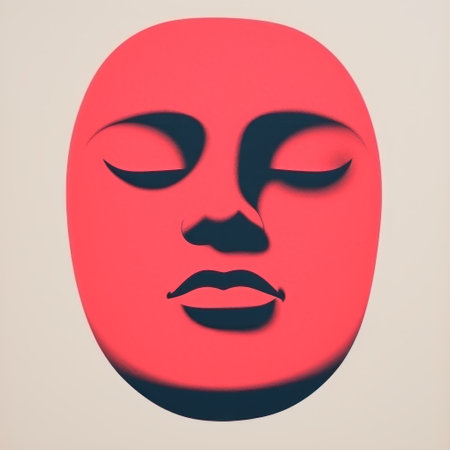 an abstract face made from red and green fabric, resembling eiko ojala's style. the photo showcases a dark pink and light black color palette, with a matte finish for a realistic rendering. the feminine sticker art features ritualistic masks with toy-like proportions. ai generatedの素材