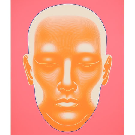 frank tusi's face and feet are depicted in this photo against a vibrant orange background. the image showcases a digital neon style with light magenta and light bronze colors. the human form is rendered realistically through silkscreening, featuring detailed facial features. the composition exhibits a hard-edge color field technique and maintains symmetrical balance. ai generatedの素材