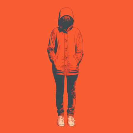 an illustration by emiliano ponzi featuring a person wearing an orange jacket stands out against a brown background. this artwork captures the essence of childhood arcadias with its monochromatic simplicity. the use of infrared and multiple filter effects adds a unique touch, while the grit and grain texture enhances the overall illustration. ai generatedの素材