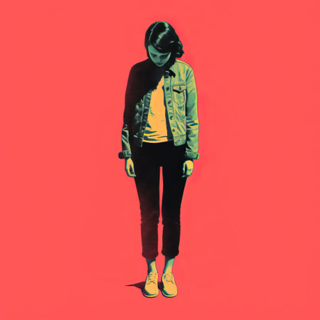 a woman stands against a vibrant red background in this distorted portraiture photo. the style combines elements of gadgetpunk, with light yellow and dark pink hues. the image showcases realistic details and incorporates hikecore influences. the darkroom printing technique enhances the high-contrast shading, creating a visually striking composition. ai generatedの素材