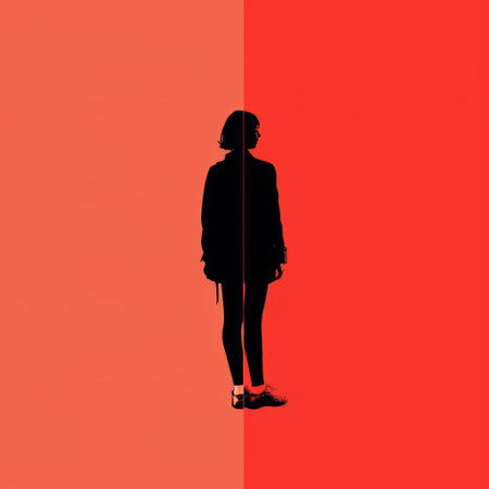 a woman's silhouette is depicted against a vibrant red background in this conceptual minimalist photograph by naomi barry. the image showcases a double tone effect with light black and red hues, embracing a superflat style. with minimal retouching, the raw versus finished aesthetic is emphasized, creating a powerful political illustration. ai generatedの素材