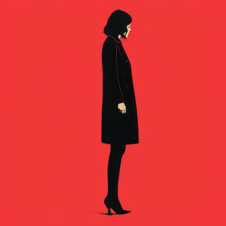 a man in a black coat stands off to the side on a vibrant red background, showcasing the fashion-illustration style. this captivating artwork by emiliano ponzi combines the talents of women designers, such as hugh kretschmer and frank quitely, to create an ultrafine detail and a restrained serenity that is truly remarkable. ai generatedの素材