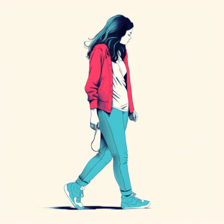 a girl on the street is depicted in an abstract and edgy fashion illustration. the artwork showcases detailed sketches of isolated figures, with a dark turquoise and light red color palette. the style incorporates vignetting and colorful minimalism, with a focus on red and beige tones. ai generatedの素材