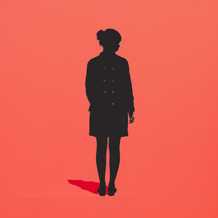 silhouette of a woman standing against an orange wall, reminiscent of mid-century illustration. the dark red and dark pink tones create realistic and emotive portraits, inspired by the works of jon mcnaught. the image captures a schoolgirl lifestyle, with monochromatic minimalist portraits that evoke a sense of infrared aesthetics. ai generatedの素材