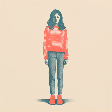 a cartoon woman with a childlike illustration style is depicted wearing striped socks, a hat, and jeans. the woman is seen wearing red shoes, which add a pop of color to the subtle coloring of the image. the artwork is reminiscent of emiliano ponzi's style, featuring horizontal stripes, realistic hyper-detailed portraits, and luminous shadowing. ai generatedの素材