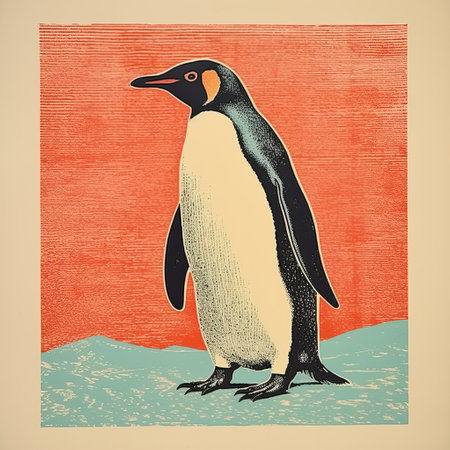 a penguin captured in a woodblock print style by sally jake. the image showcases dignified poses of the penguin, with a color palette of light orange, dark cyan, light red, and light gold. created using gravure printing technique, this black-and-white block print was shot with an agfa clack camera. ai generatedの素材