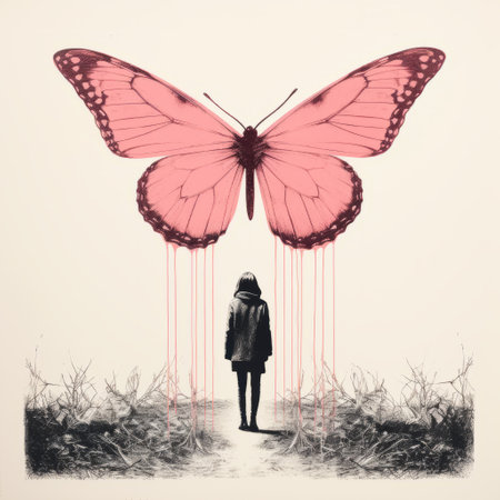 a young woman's perspective on a pink butterfly captured in a realistic style with surrealistic elements. the image features moody monotones, graffiti-inspired illustrations, and a combination of light red and dark gray hues. the minimalist illustrator beautifully merges the concept of metropolis meeting nature, resulting in a gothic-inspired illustration. ai generatedの素材
