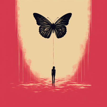 a black butterfly perches on a person's head against a vibrant red background. this dreamlike illustration showcases trapped emotions and is reminiscent of vintage poster design. with a dramatic use of perspective, the minimalist monochromatic landscapes and highly detailed illustrations create an impactful visual. immerse yourself in this captivating image. ai generatedの素材
