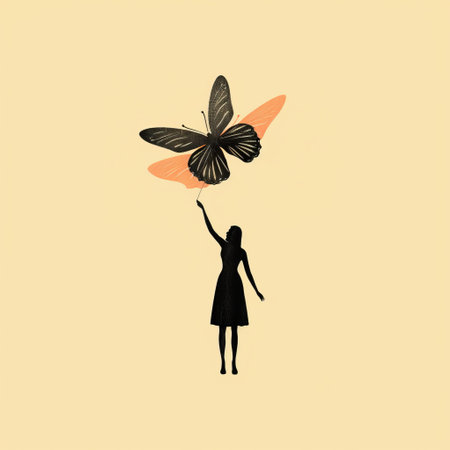 a silhouette of a butterfly gracefully soaring against a serene backdrop, reminiscent of emiliano ponzi's style. this captivating image embodies feminine empowerment, realistic portrayals of everyday life, and the enchanting essence of pop surrealism. with a color palette of light brown and black, it showcases dreamlike illustrations with a delicate touch. ai generatedの素材