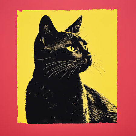 a black cat is captured in a vibrant pop art style, against a yellow and orange background. this unique image combines elements of scanner photography, realistic animal portraits, and printmaking techniques. the cat stands out against the dark crimson and yellow hues, creating a visually striking composition. shot with a zeiss planar t 80mm f/2.8 lens, this photo showcases the beauty of the feline subjectの素材
