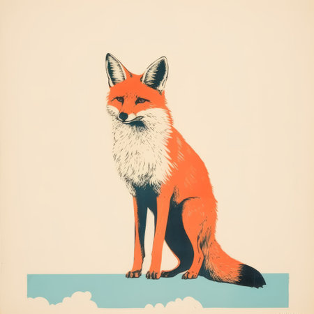 art print of an orange fox with clouds, featuring stencil-like imagery and satirical illustrations. the print showcases a combination of light maroon and sky-blue colors, reminiscent of american prints from 1880-1950. the fox is depicted in dignified poses, with bold block prints and realistic bird paintings adding depth to the composition. ai generatedの素材