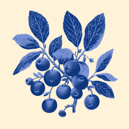 a print of a tree with ripe blueberries, showcasing a monochromatic graphic design style. this traditional photograph incorporates vibrant color combinations and classic still life compositions. the vintage imagery is enhanced by simple, colorful illustrations and decorative floral motifs. ai generatedの素材