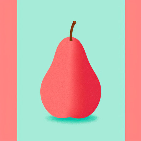 a pear is showcased in this minimalist illustration on a vibrant turquoise blue backdrop. the style incorporates light red and light pink hues, creating a playful and eye-catching composition. the illustrator's use of shapes and thick texture adds depth to the artwork. with a resolution of 20 megapixels, this illustration features a playful character design. ai generatedの素材