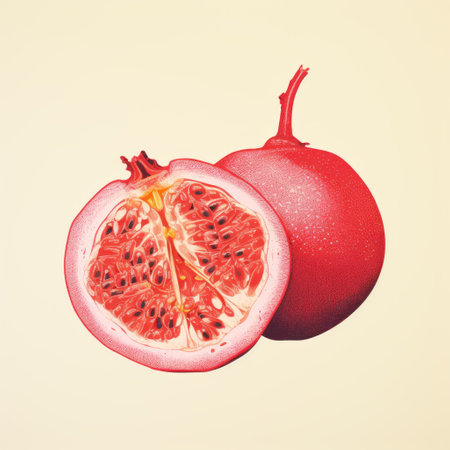 two halved pomegranates, depicted in a hyperrealistic style, showcase vibrant color gradients of light beige and magenta. these editorial illustrations, created using the calotype technique, exude a poured effect that adds depth and texture to the image. ai generatedの素材