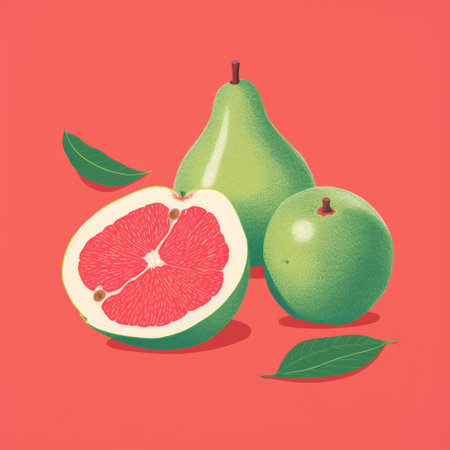 two pears and leaves arranged on a vibrant red backdrop, reminiscent of crisp neo-pop illustrations by james gilleard. the composition showcases hyper-realistic animal illustrations in a playful style, similar to the works of gregoire guillemin. the use of pink and green hues adds a visually striking element to the editorial illustrations, enhanced by cross-processing techniques. ai generatedの素材