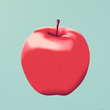 an apple with skewered shapes inside, featuring crisp neo-pop illustrations. the ultra-realistic design showcases a light sky-blue and light crimson color palette. these high-resolution, detailed illustrations incorporate simplistic characters, reminiscent of lomography style photography. ai generatedの素材