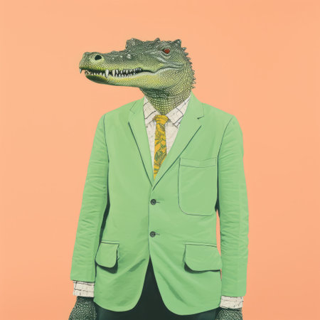 a cartoon crocodile in a suit, depicted in a contemporary realist portrait photography style. the crocodile is light orange and green, and the image showcases life-size figures with surreal pop elements. the portrait is minimalistic, with uniformly staged and photographically detailed features. ai generatedの素材