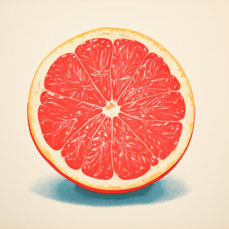 a cut grapefruit is depicted in this image, showcasing a vintage poster style with subtle gradients. the highly detailed illustration features light red tones and bright glazes, creating a luminous effect through the play of light and shadow. the crisp neo-pop style adds a modern touch to the overall composition. ai generatedの素材