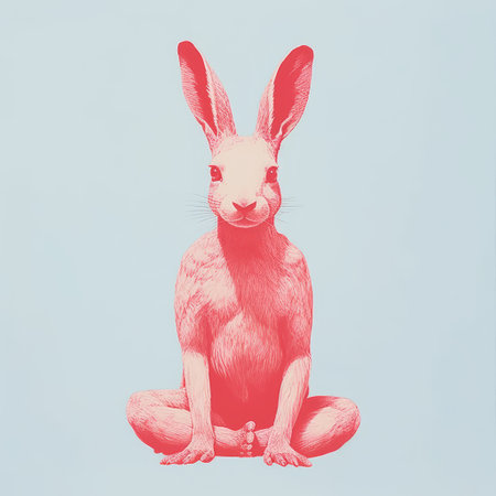 a rabbit in pink and blue colors sits in the grass, showcasing a monochromatic minimalist portrait style. the bold lithographic effect adds depth to the light red and light cyan hues. this lith printing technique enhances the wildlife muralism, resulting in a captivating and colorized image with bold visual impact. ai generatedの素材