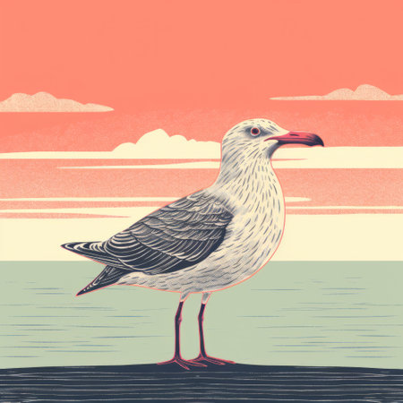 seagull at the beach captured in a hyper-detailed illustration style. the dark pink and light gray tones create a bold and colorful graphic design. this detailed atmospheric portrait showcases the essence of mid-century illustration, with a focus on horizons. ai generatedの素材