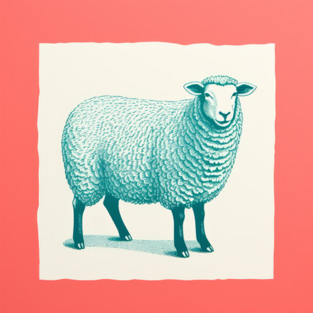 a sheep is depicted in a vintage graphic design style, drawing on a pink background. the artwork showcases photorealistic detail with a combination of dark green and light blue colors. the image is created using lith printing technique and incorporates elements of gond art. the vintage imagery adds a nostalgic touch to the composition. ai generatedの素材