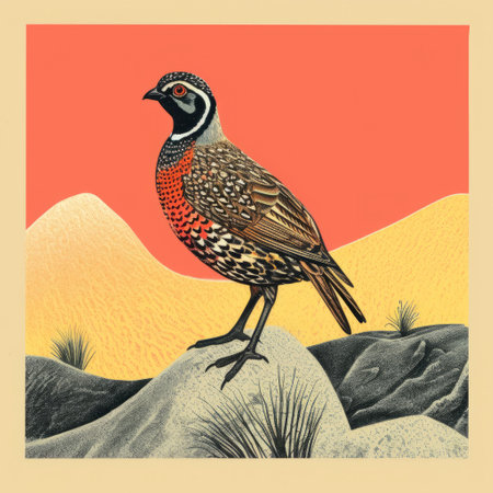 a bird perched on rocks with the sun behind it, showcasing hyper-detailed illustrations in a style reminiscent of bold block prints. the image features a saturated color field with light brown and orange tones, enhanced by pointillist dotting. the hyperrealistic fauna creates a visually striking composition, reminiscent of artwork found in the criterion collection. ai generatedの素材